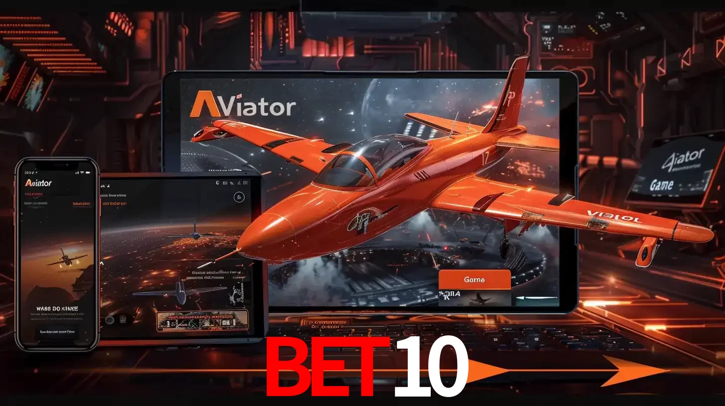 Apresentação tecnológica do jogo Aviator com um avião saindo da tela de um tablet, demonstrando a experiência imersiva em múltiplos dispositivos no BET10.