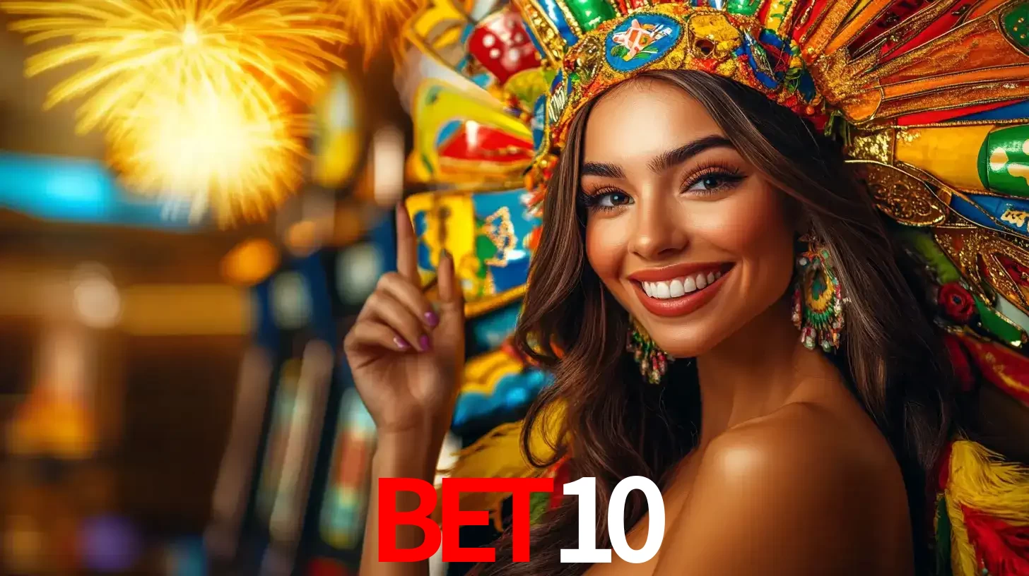 Mulher sorridente com um cocar de carnaval vibrante e colorido, celebrando uma grande vitória nos jogos do cassino BET10 com fogos de artifício ao fundo.