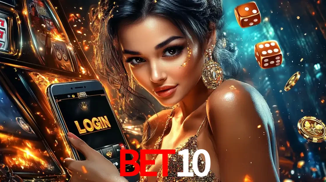 Mulher glamourosa segurando um celular com a tela de login do cassino BET10, rodeada por dados e moedas douradas, pronta para começar a diversão.