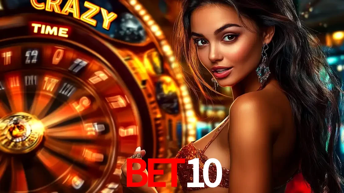 Mulher ao lado da roda de prêmios do jogo de cassino ao vivo Crazy Time, um dos shows de jogos mais emocionantes oferecidos pela plataforma de apostas BET10.