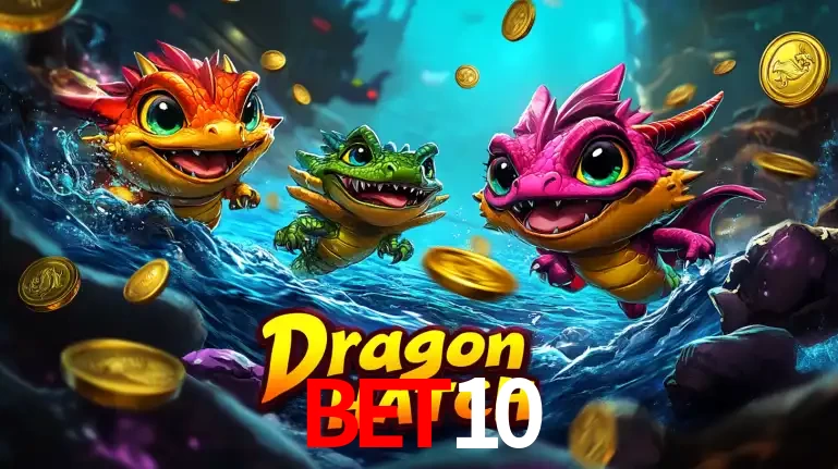 Arte promocional do jogo Dragon Hatch com três adoráveis dragões bebês nadando entre moedas de ouro, um dos slots mais divertidos para jogar no cassino BET10.