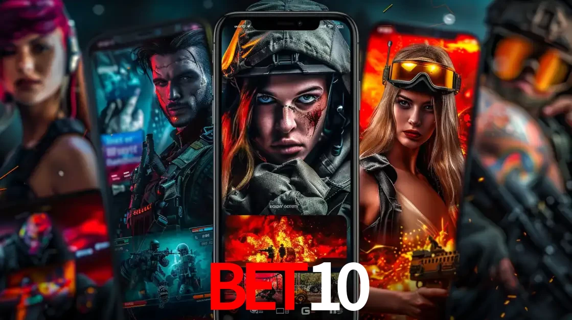 Montagem de telas de celular mostrando diversos personagens, masculinos e femininos, de um jogo de tiro, ilustrando a diversidade de equipes de e-sports para apostar no BET10.