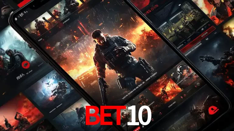 Tela de um celular exibindo uma galeria de jogos de tiro com temática militar, mostrando a variedade de e-sports disponíveis para apostas na plataforma de entretenimento BET10.
