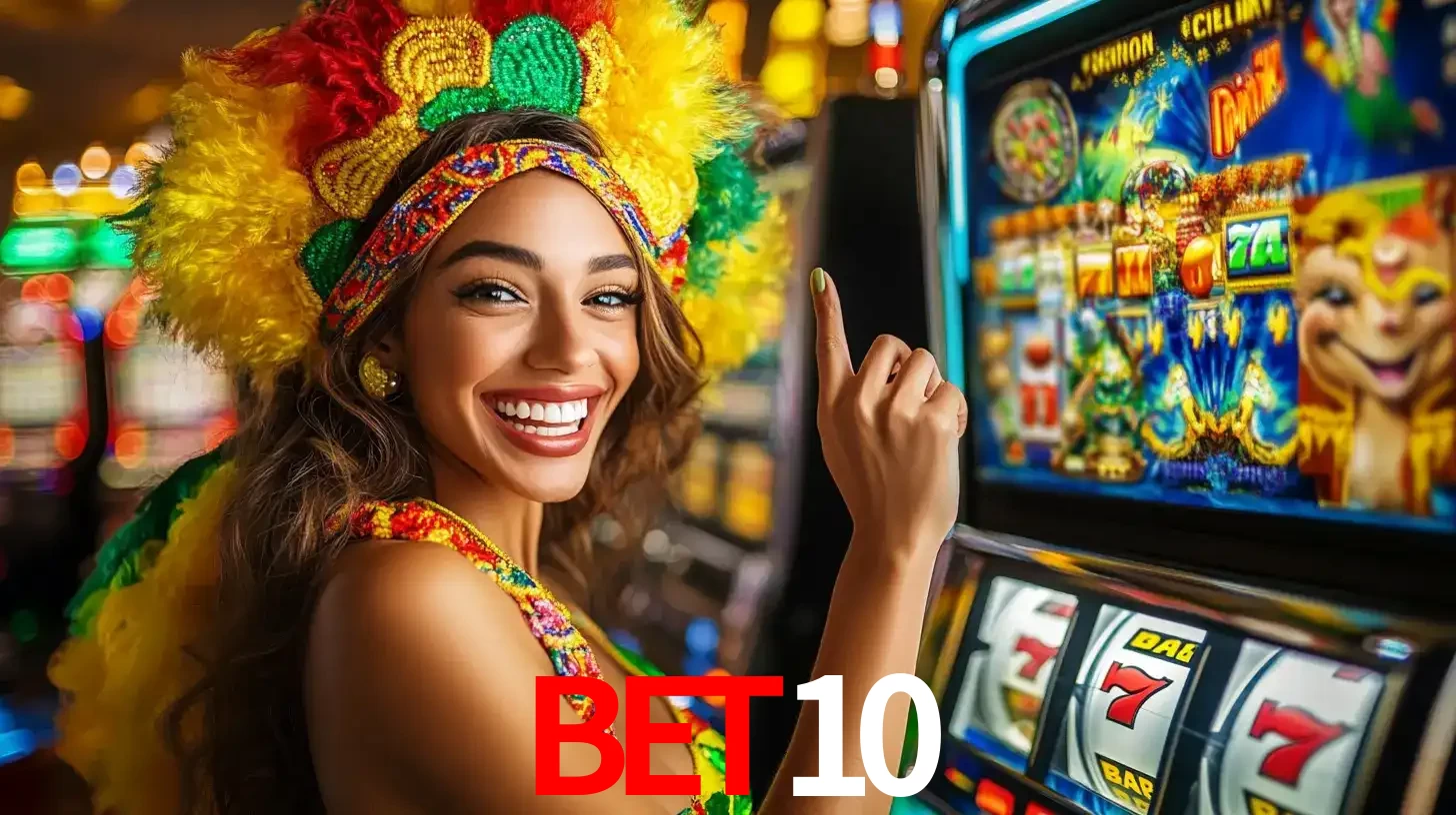 Mulher animada com um cocar de carnaval apontando para uma máquina de caça-níqueis, mostrando a emoção de ganhar um grande prêmio nos jogos do BET10.
