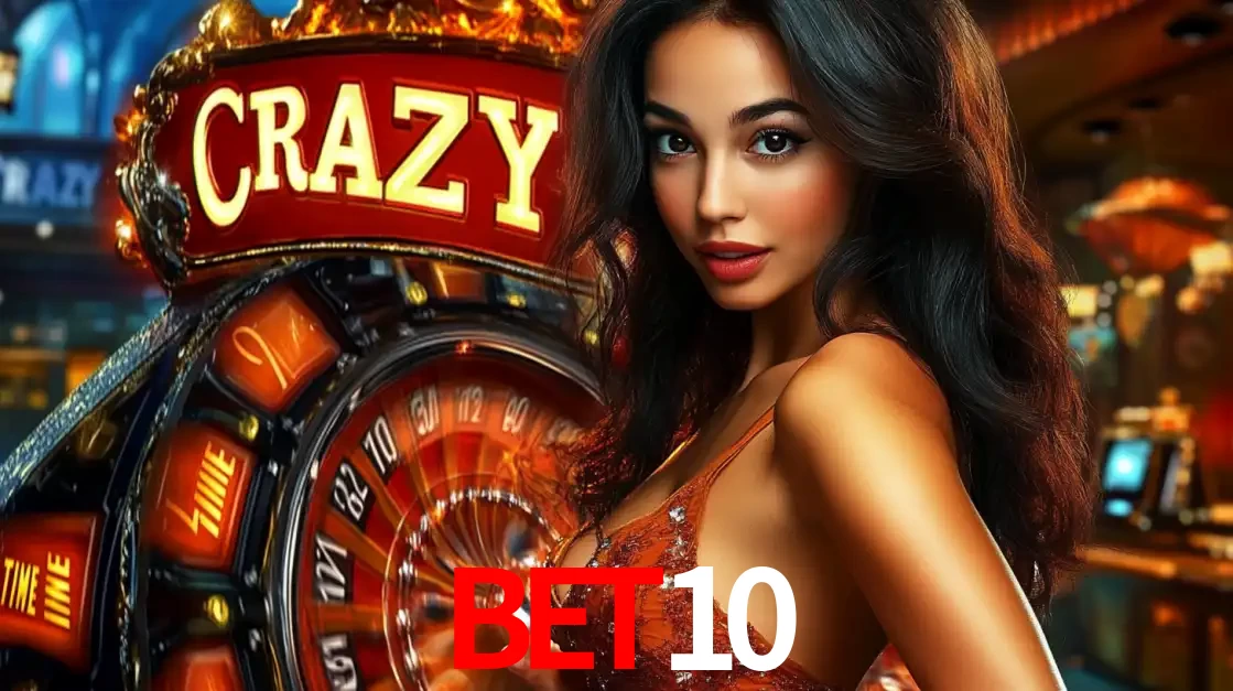 Mulher glamourosa olhando para a câmera com a roda vermelha do Crazy Time ao fundo em um ambiente de cassino, destacando a emoção dos jogos ao vivo no BET10.