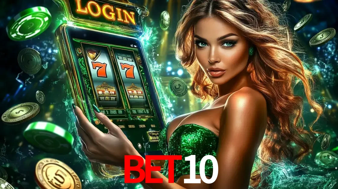 Mulher com tema verde apresentando o aplicativo do cassino BET10 com um jogo de slot de 777, cercada por fichas de cassino e uma aura de sorte.