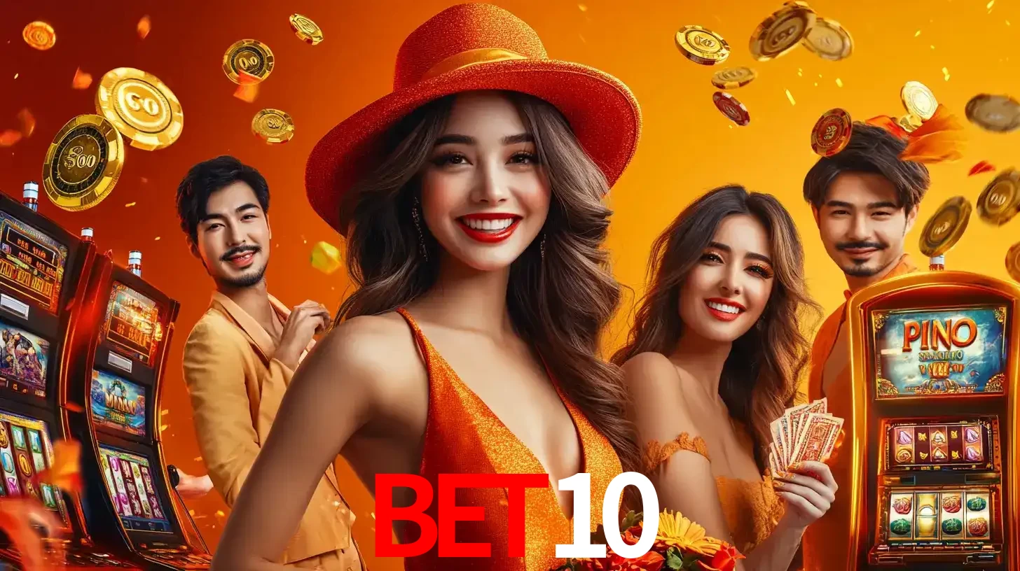 Grupo de amigos asiáticos sorrindo e se divertindo com máquinas de caça-níqueis em um ambiente festivo, celebrando suas vitórias nos jogos de cassino do BET10.