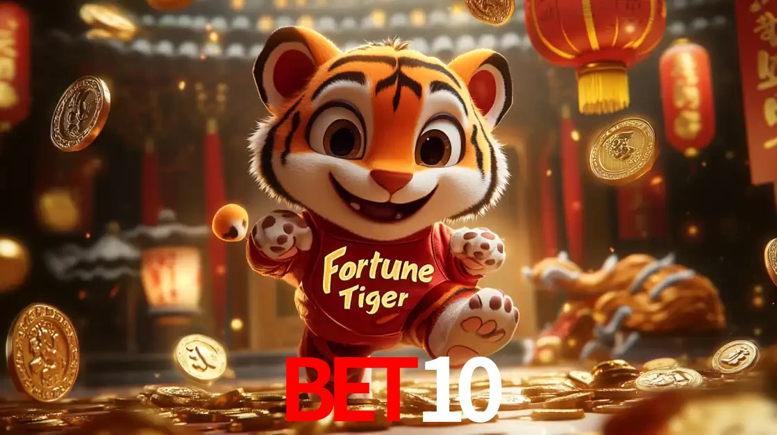 O alegre personagem do Fortune Tiger correndo sobre um caminho de moedas de ouro, simbolizando os grandes prêmios e a diversão do popular jogo de slot do BET10.