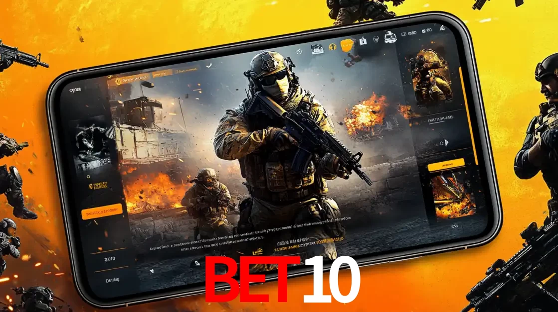 Um smartphone exibindo a interface de um jogo de tiro em primeira pessoa, com um soldado em um cenário de batalha, representando a ação dos e-sports para apostar no BET10.