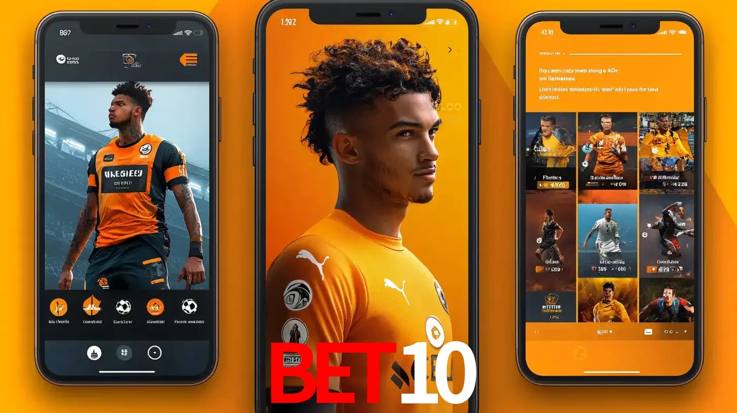 Interface do aplicativo de apostas esportivas BET10 em três telas de celular, mostrando o perfil de um jogador de futebol e a lista de jogos disponíveis para apostar.