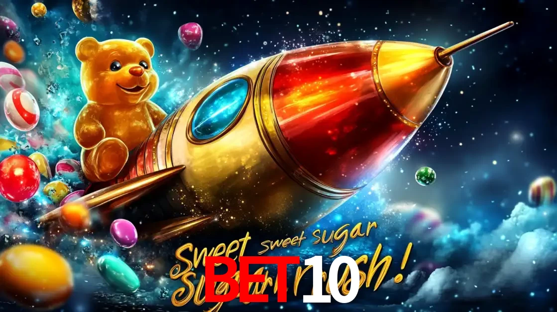 Arte promocional do jogo de slot Sugar Rush, com um urso de pelúcia em um foguete viajando pelo espaço de doces, um dos jogos divertidos disponíveis no cassino BET10.