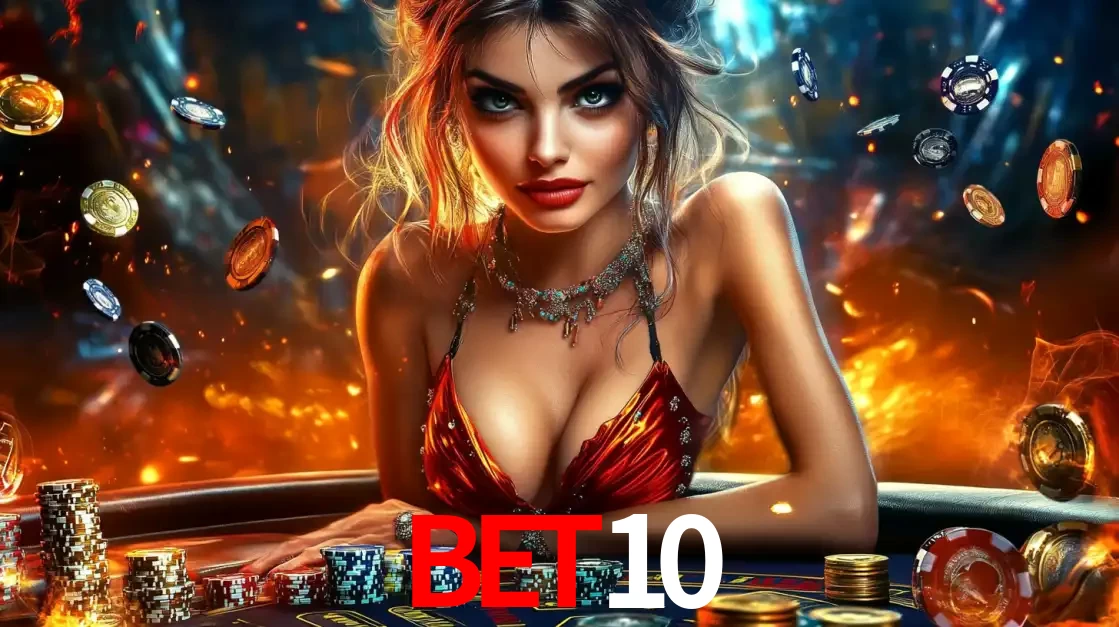 Mulher em uma mesa de cassino com pilhas de fichas e um fundo de fogo, pronta para uma rodada de altas apostas nos jogos de mesa emocionantes do cassino BET10.
