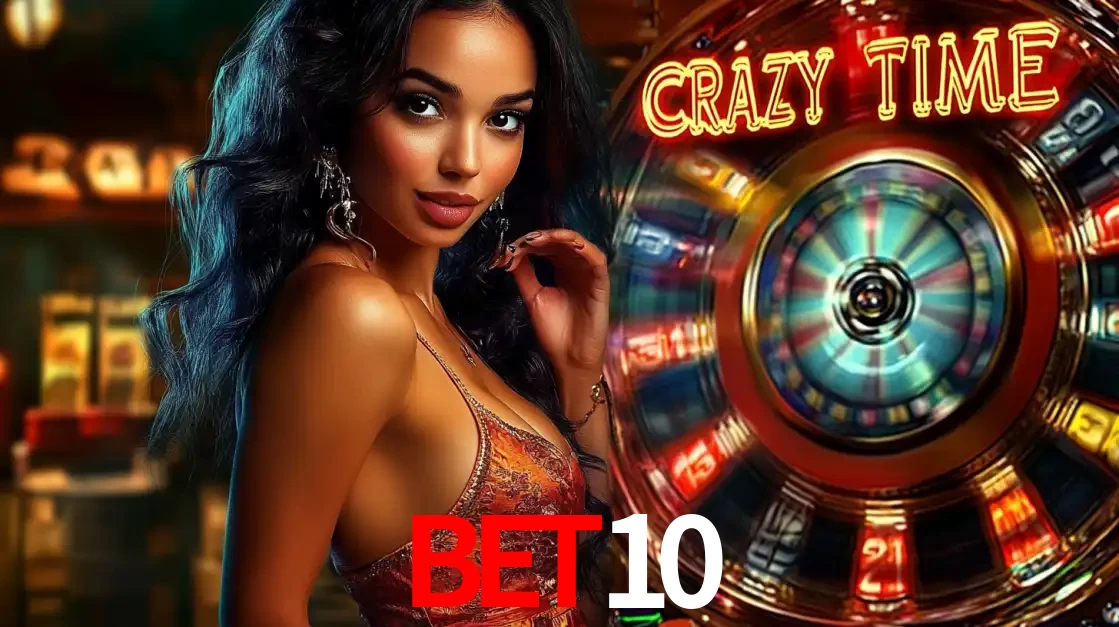 Mulher elegante ao lado da vibrante roda da fortuna do jogo de cassino ao vivo Crazy Time, um dos game shows mais populares e cheios de prêmios do BET10.