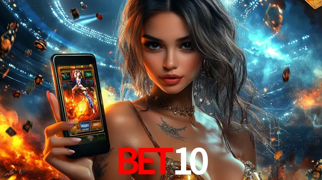 Mulher segurando um celular com um jogo de slot em destaque, tendo como fundo um estádio vibrante, simbolizando a emoção de jogar no cassino móvel BET10.