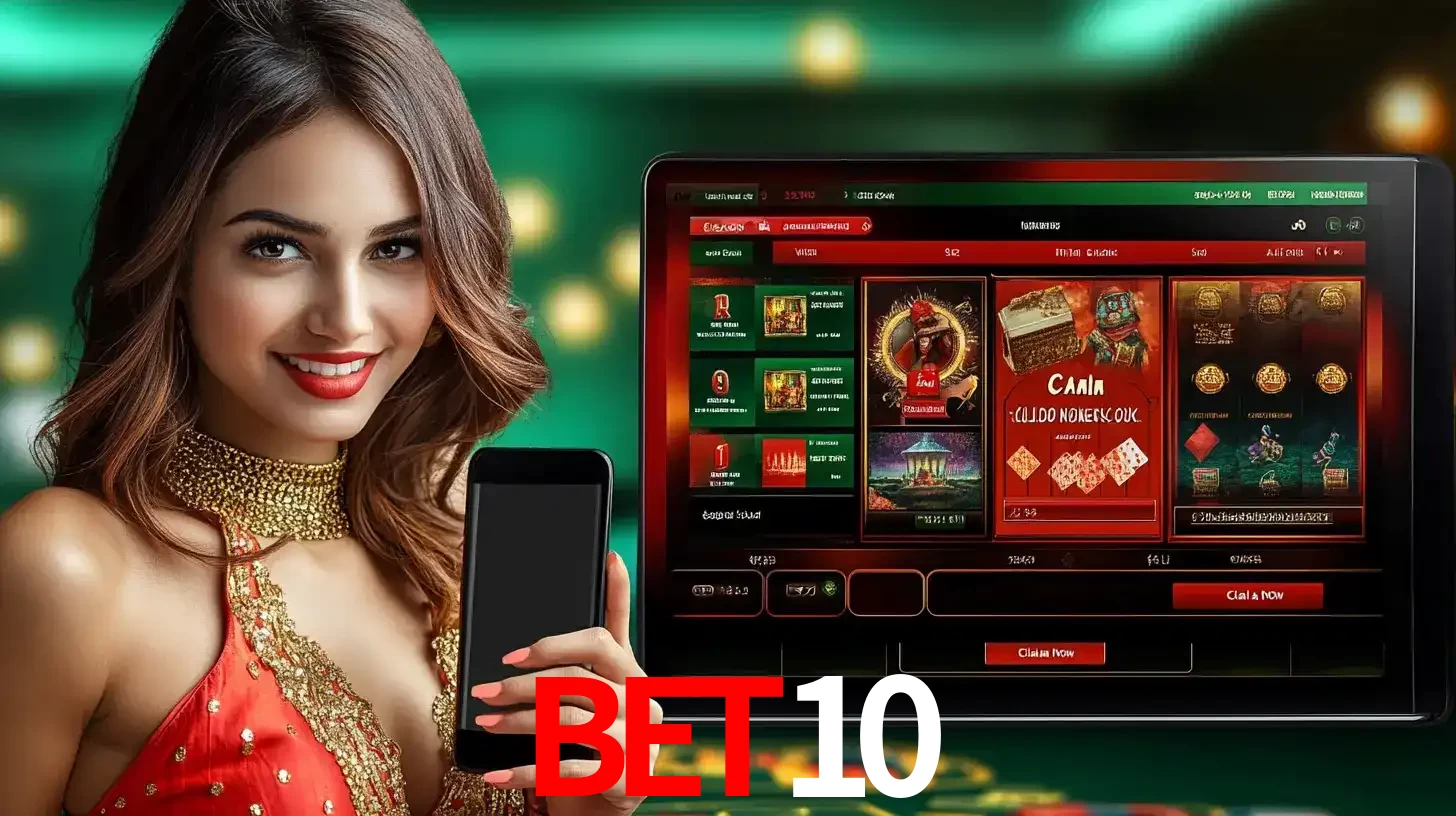 Mulher sorridente segurando um smartphone, ao lado de uma tela exibindo o lobby de jogos do cassino online BET10, com várias opções de jogos de cartas e slots.